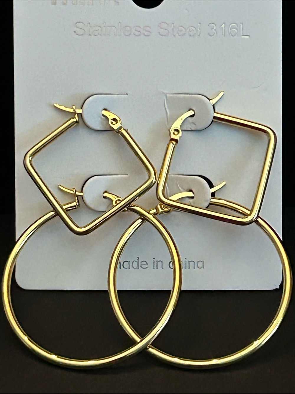 Mint Gold or Silver Square & Round Hoop Pierced Earrings Set. Stainless Steel